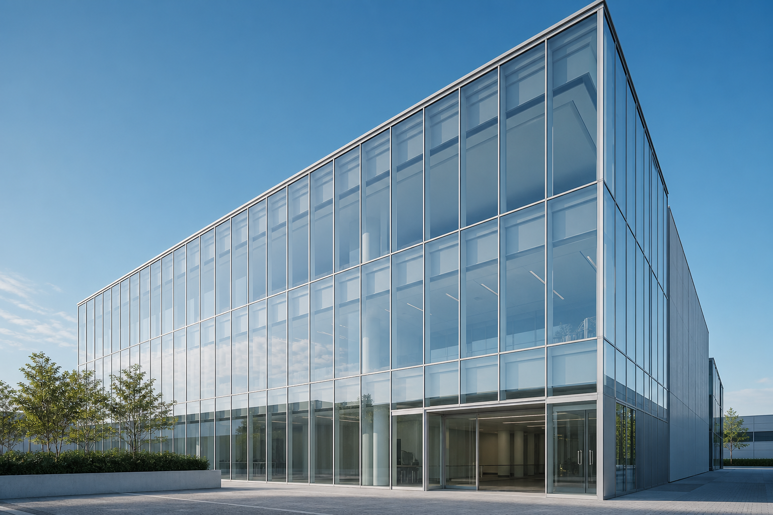 Contemporary mid-rise building clad in slim aluminium-framed floor-to-ceiling glazing under a clear sky