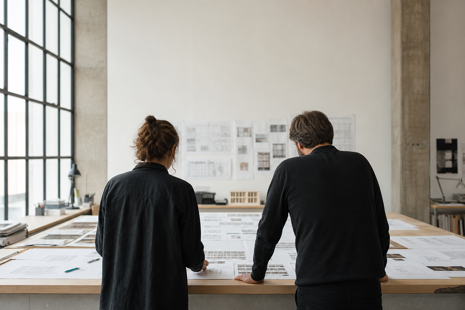 Architects reviewing facade elevation studies and window layouts at a design table in warm daylight