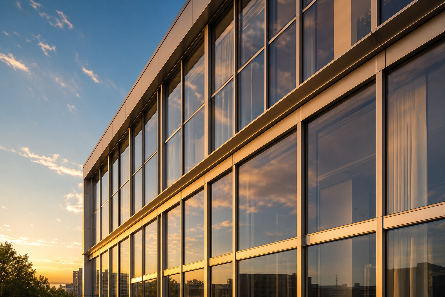 Contemporary building facade with slim aluminium-framed floor-to-ceiling glazing in warm evening light